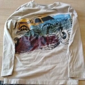 Tan and Blue Long Sleeve Tee with Racing Car Graphic